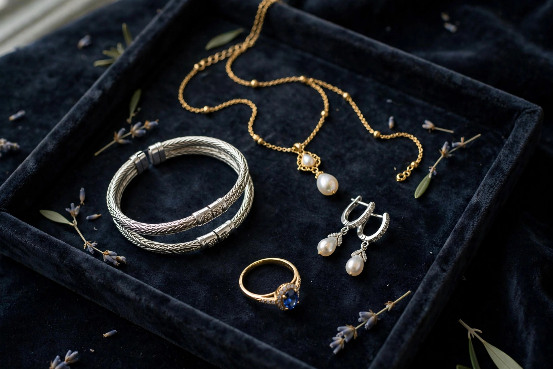 Gold and silver necklace, bracelet, earrings and ring arranged on a velvet tray