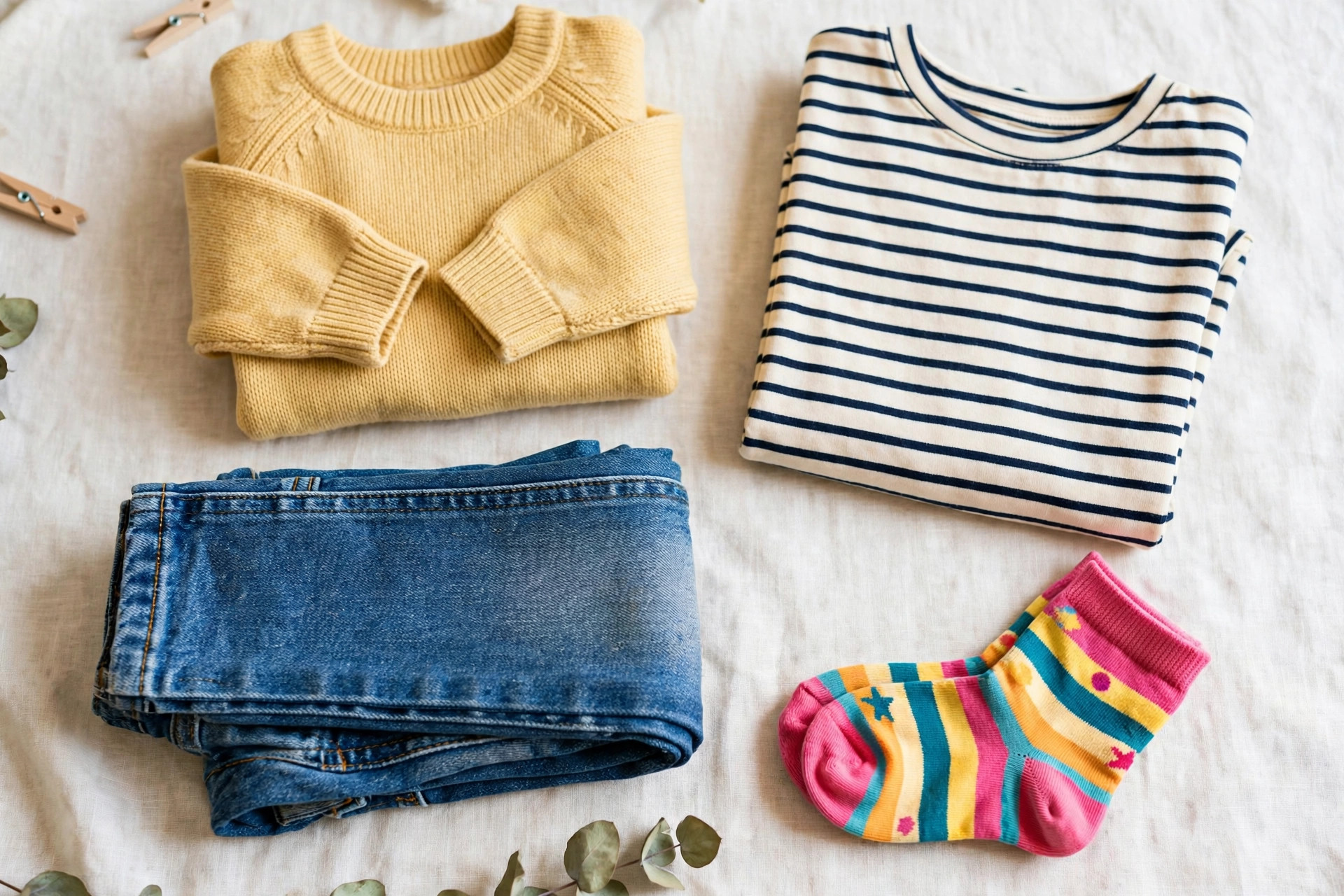 Folded children's sweater, jeans, striped t-shirt and socks in a flat-lay
