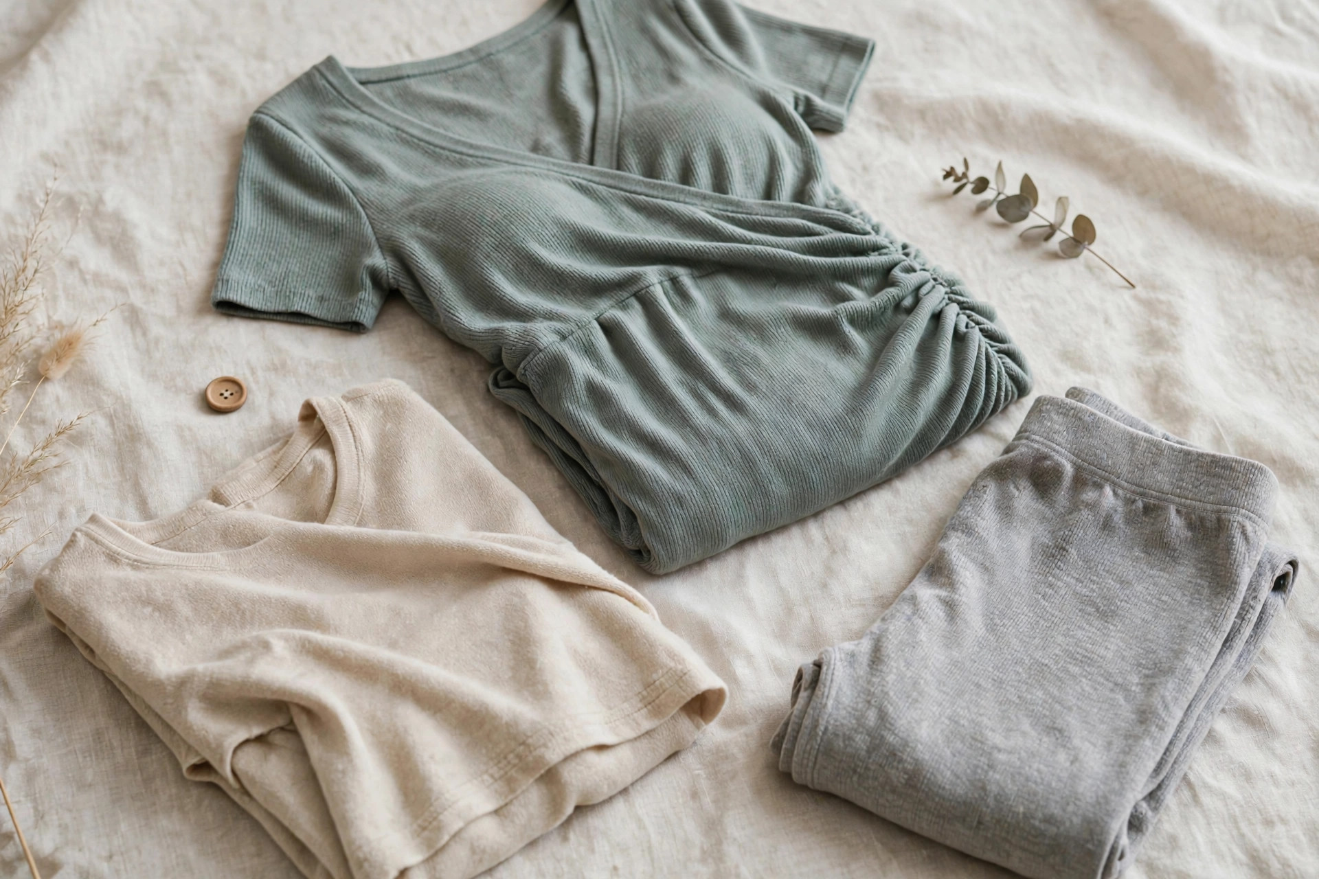 Folded stretch-knit maternity dress, tunic top and knit leggings