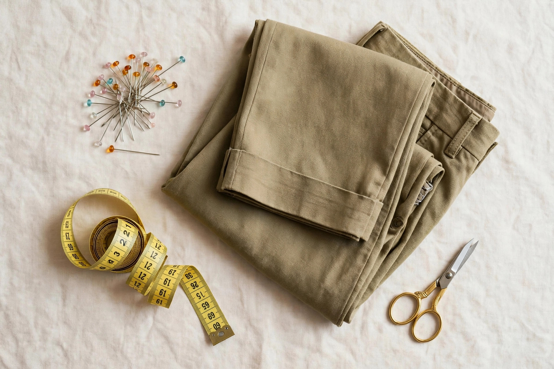 Tailor's measuring tape, pins, folded cropped trousers and fabric scissors