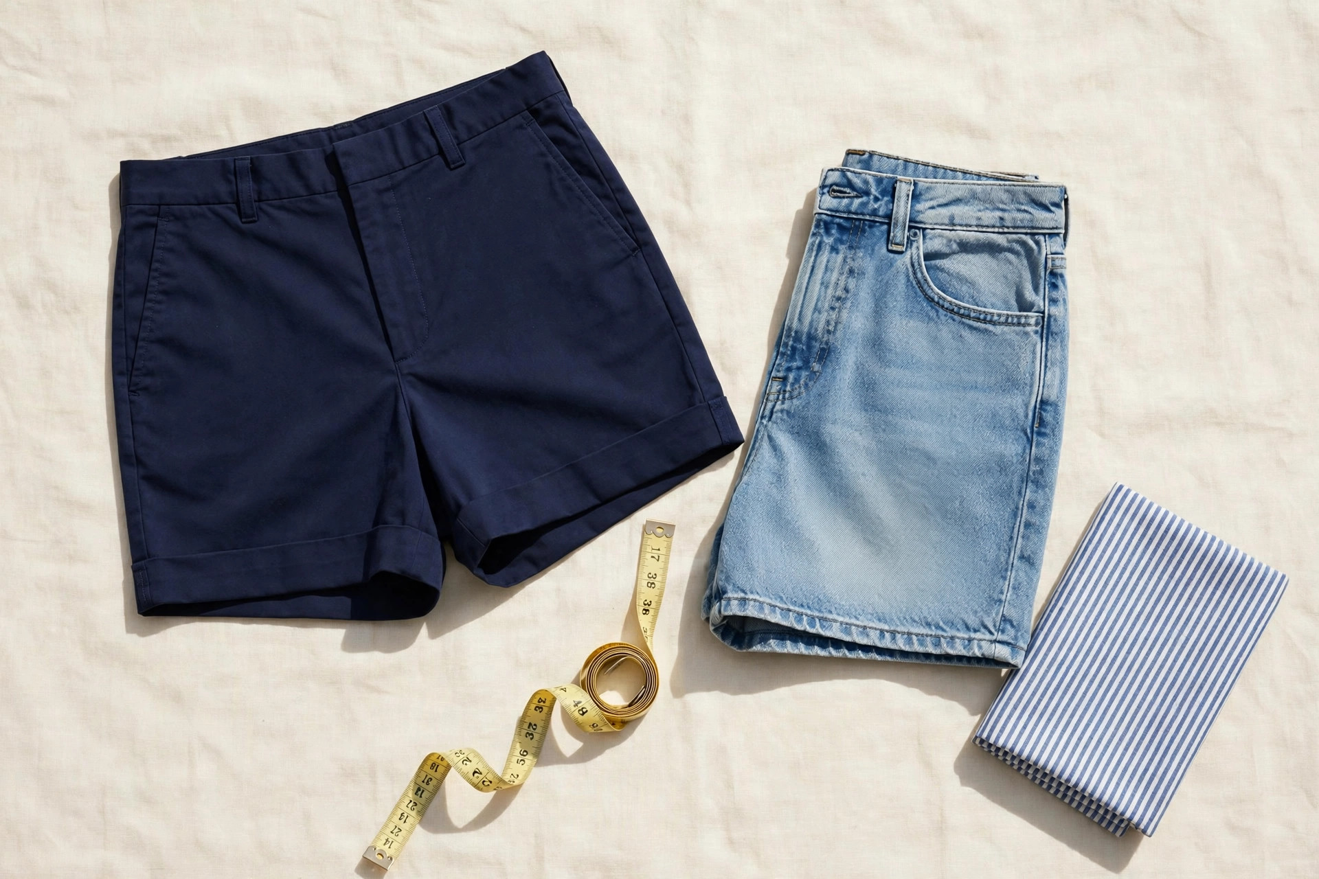 Flat lay of folded women's navy cotton shorts and denim shorts with a measuring tape and fabric swatch