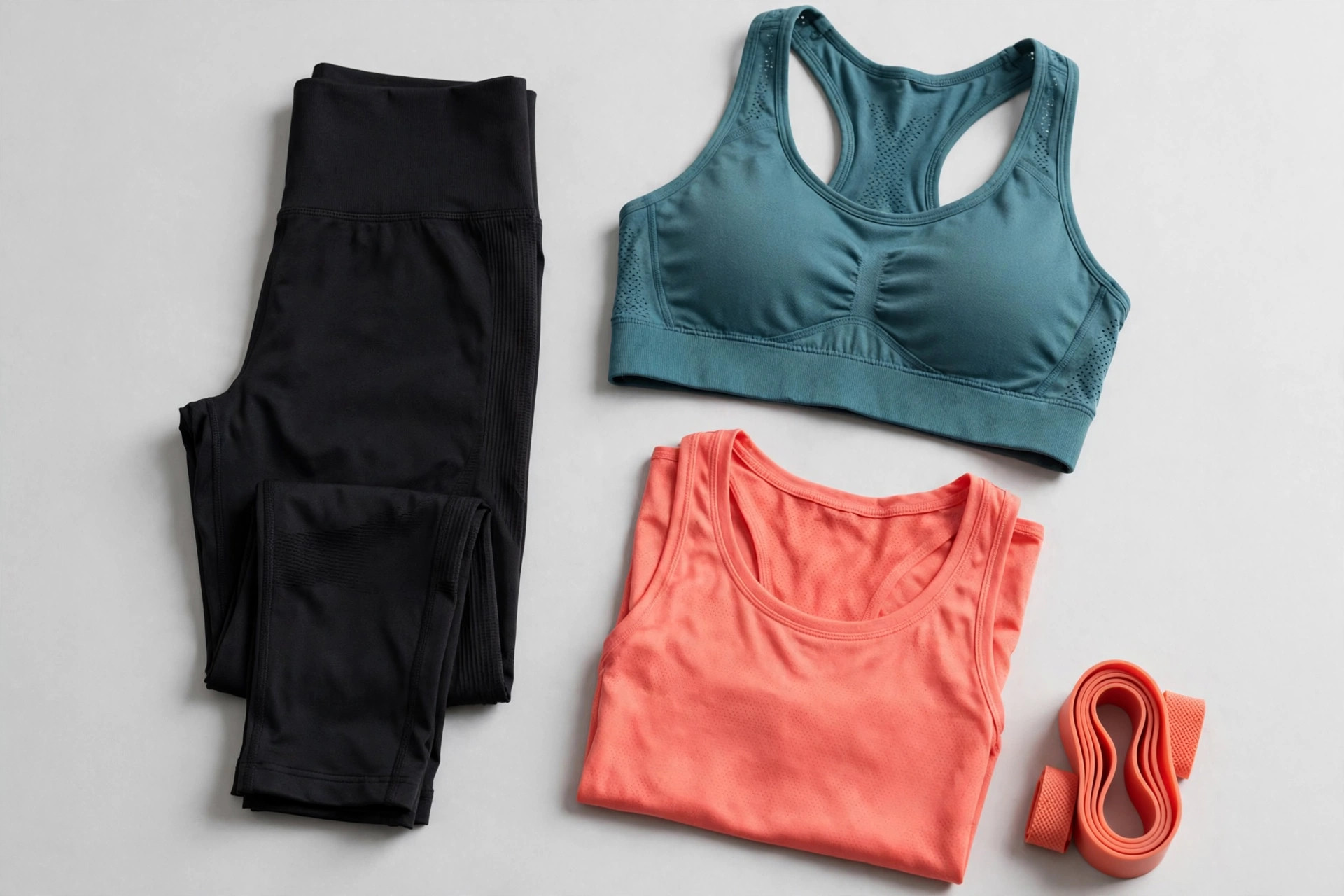 Flat lay of black moisture-wicking leggings, a teal sports bra and a coral performance tank with a resistance band