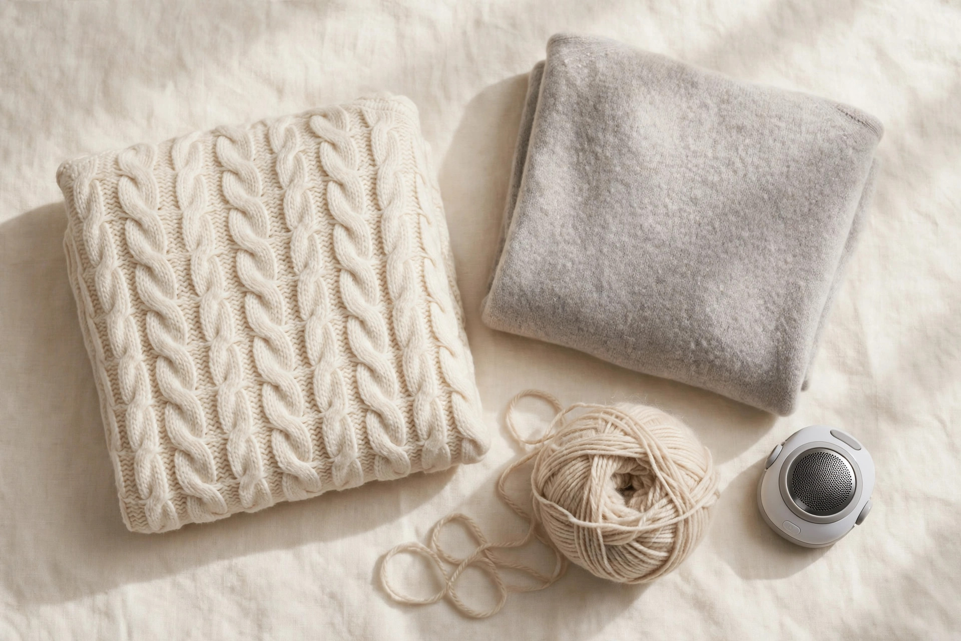 Flat lay of a folded cream cable-knit sweater and a folded grey merino pullover with a ball of yarn and fabric shaver