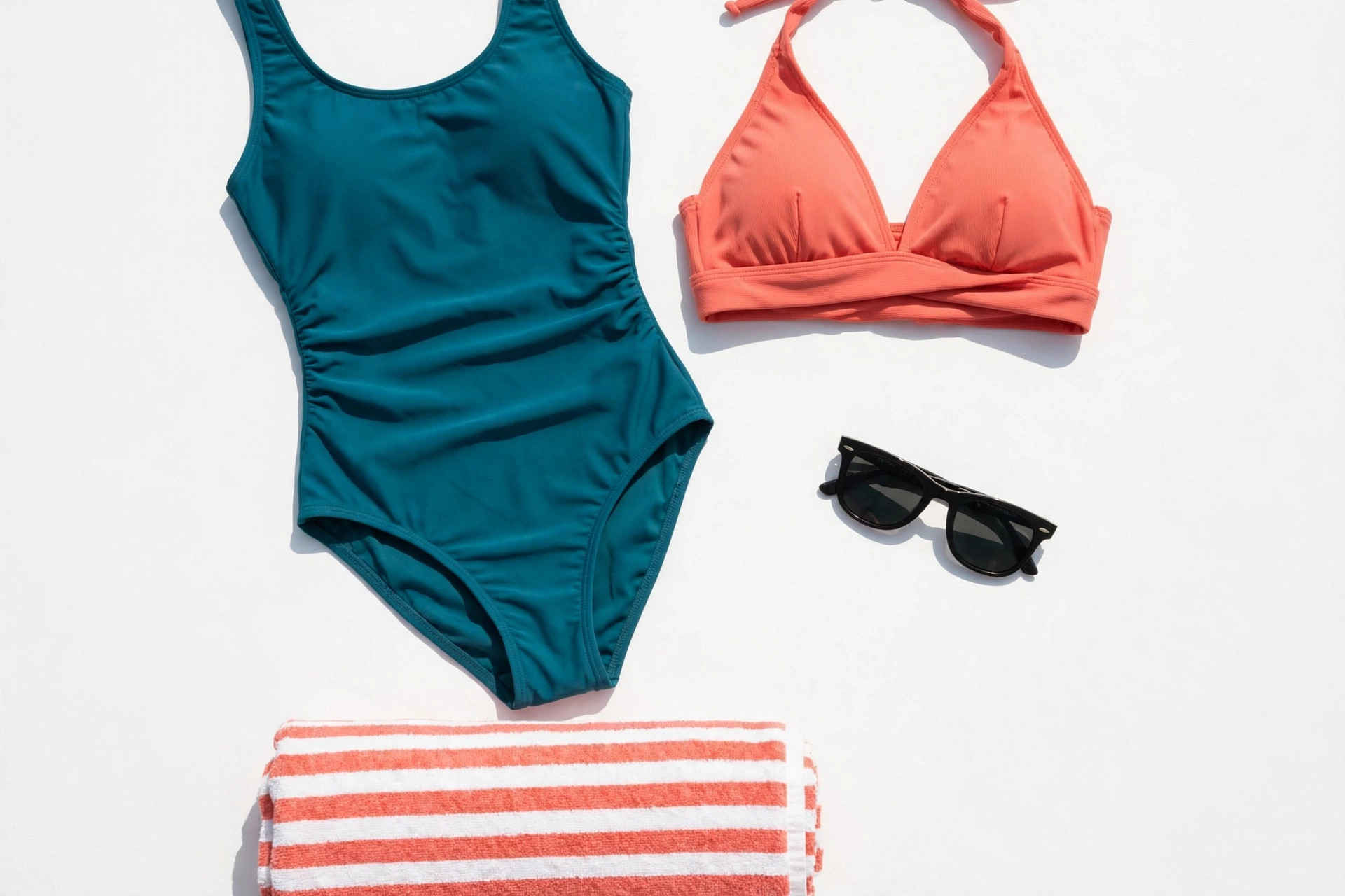 Flat lay of a teal one-piece swimsuit and coral bikini top with sunglasses and a folded striped beach towel