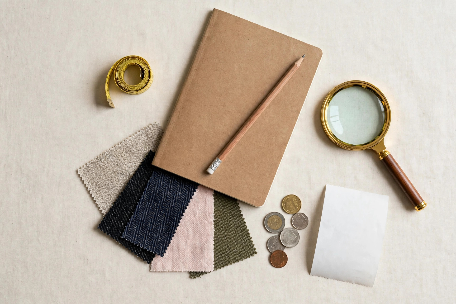 Flat-lay of smart shopping tools: measuring tape, notebook, fabric swatches and magnifying glass