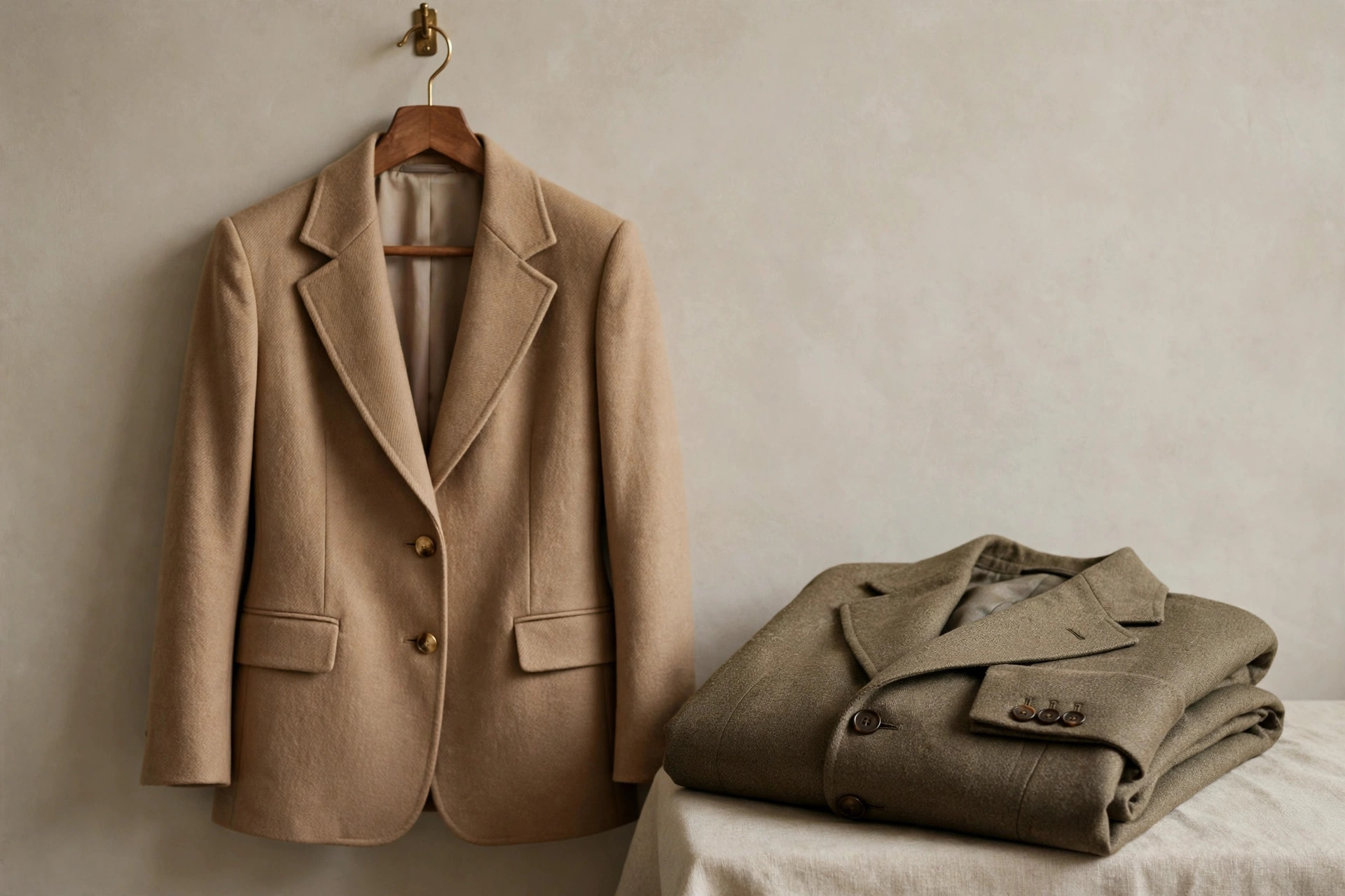 Tailored women's blazer on a hanger with a folded wool jacket showing lapel detail
