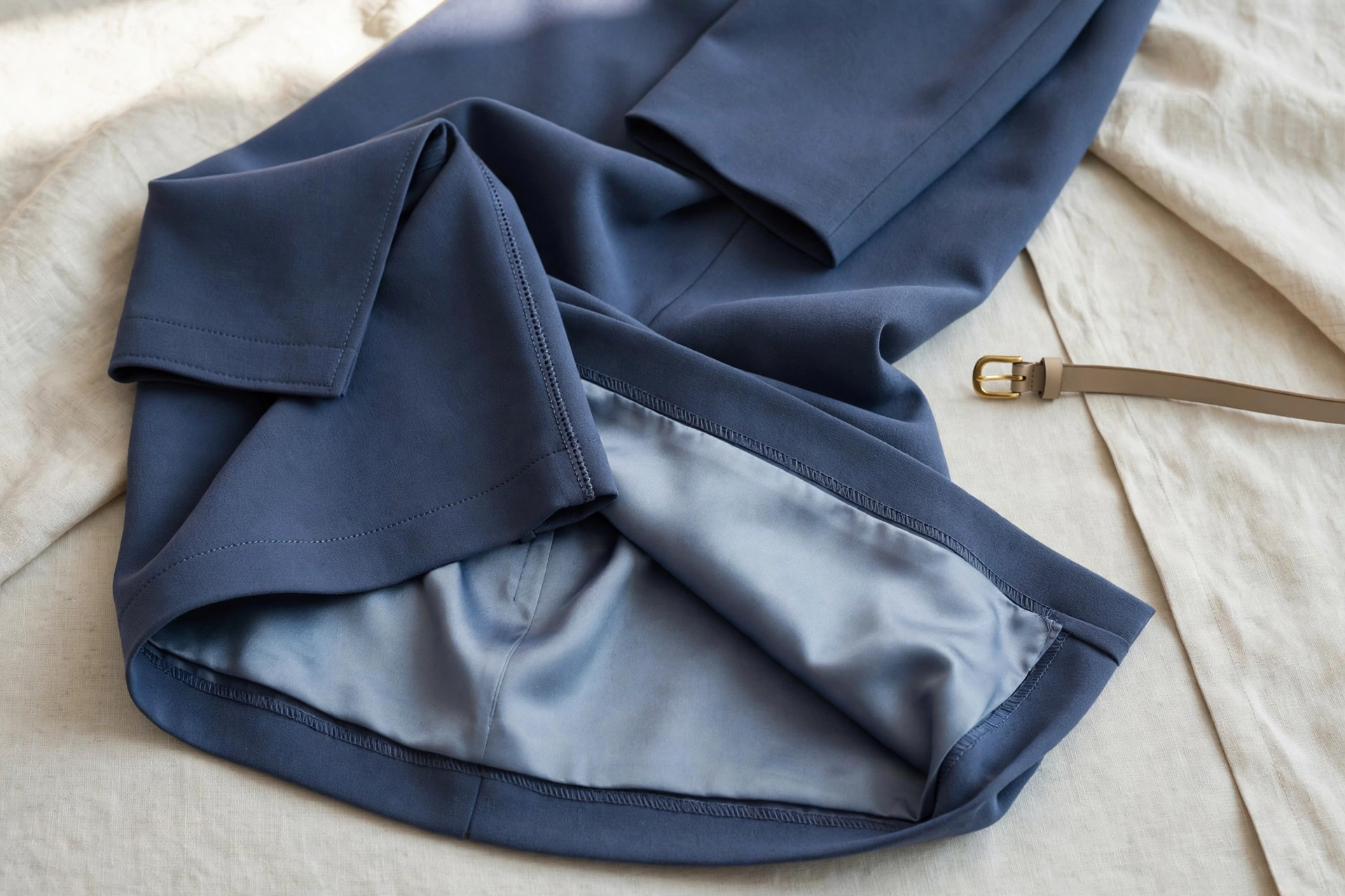 Navy blue dress fabric close-up showing drape, stitching and lining detail