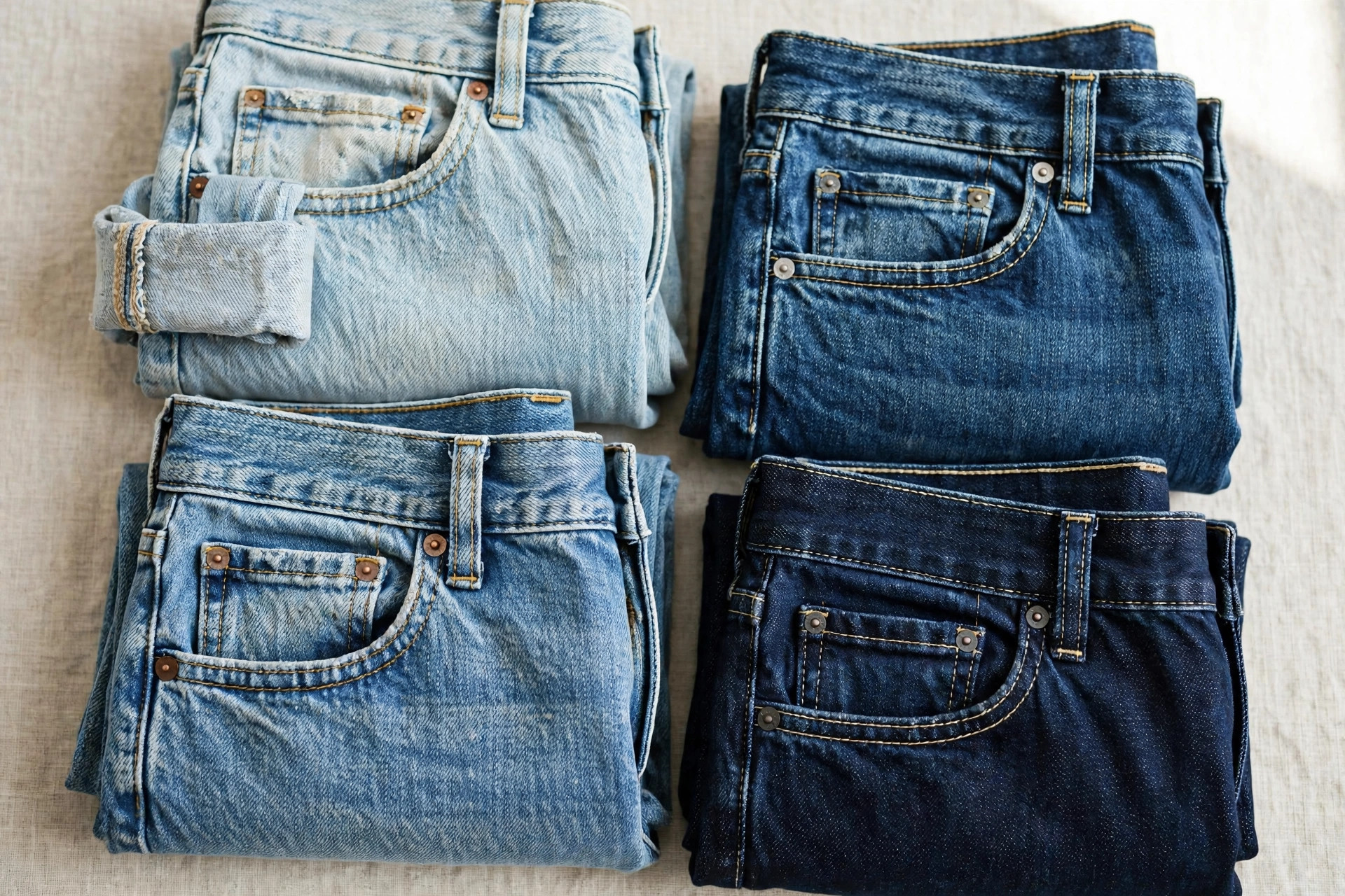 Folded women's blue jeans in several washes showing denim weave texture