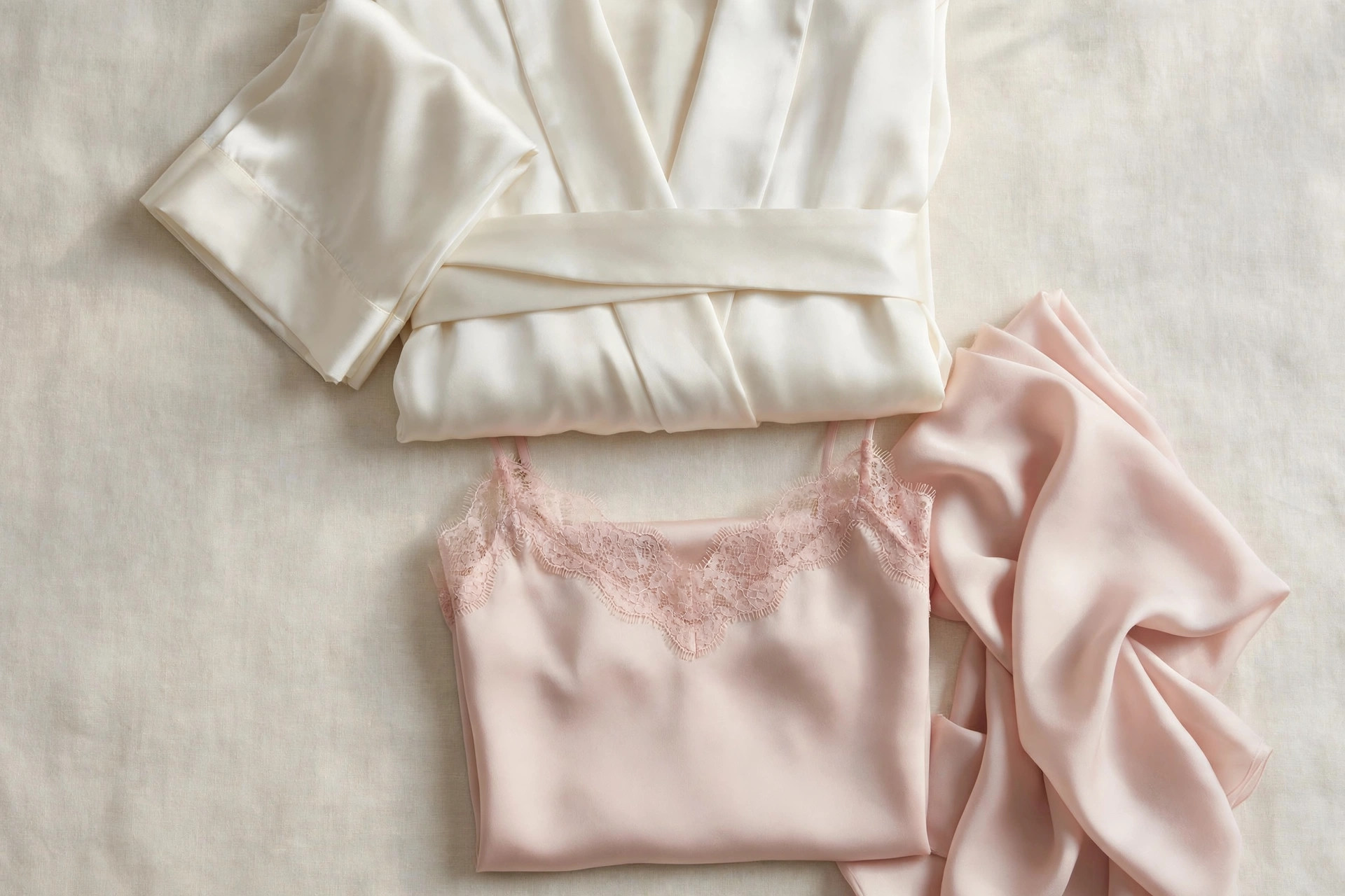 Ivory silk robe and lace-trimmed camisole arranged on a neutral background