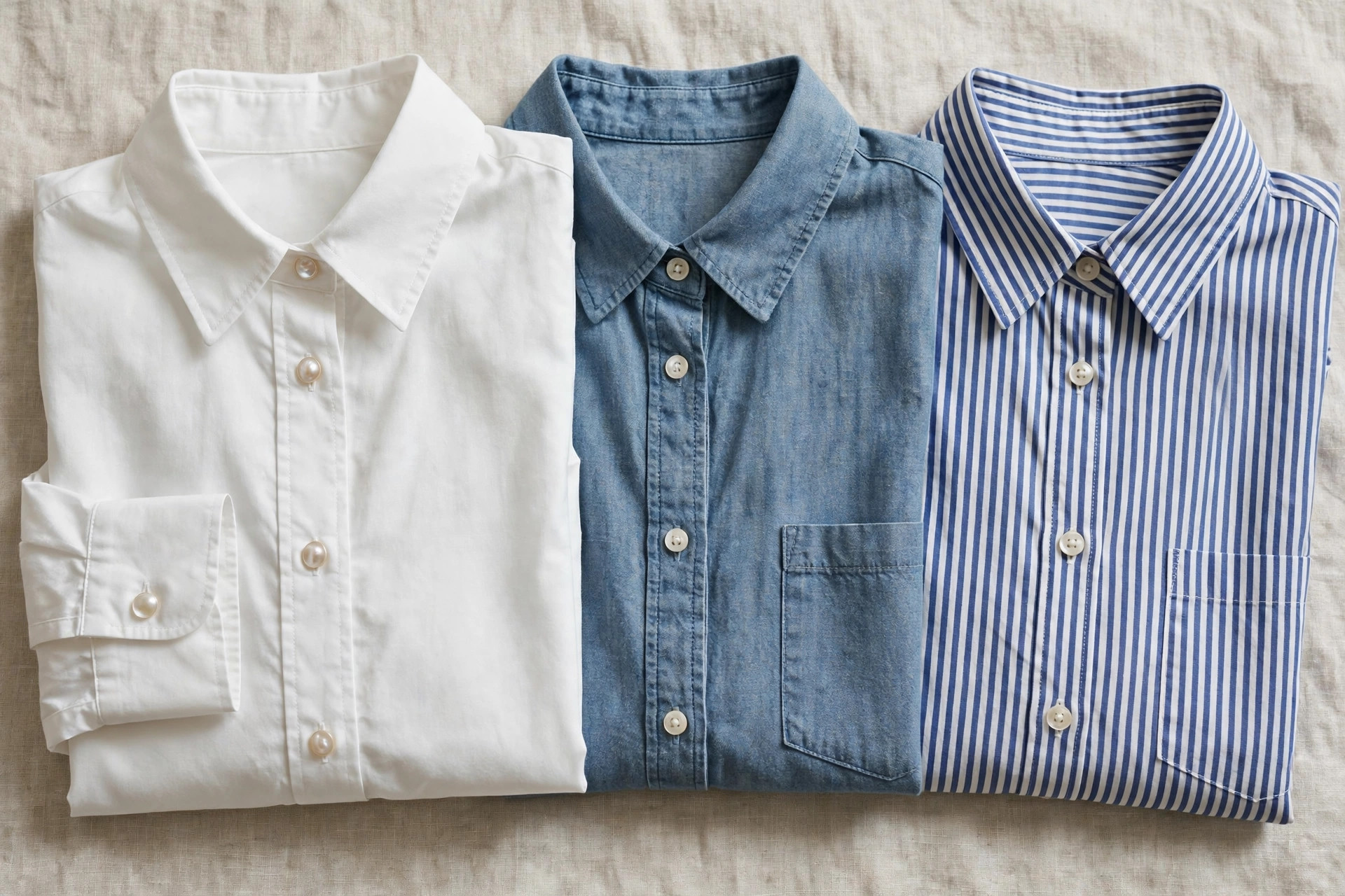 Folded white cotton shirt and blouses showing fabric texture and pearl buttons