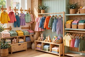 Children's clothing shop with colorful kids clothes