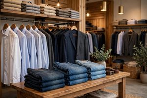 Men's clothing store display with shirts, suits and jeans