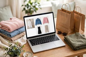 Online fashion shopping with laptop, folded clothes and shopping bags