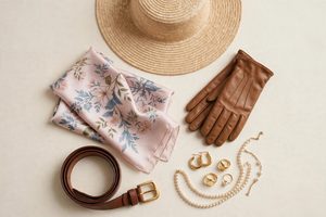Women's fashion accessories flat-lay: belt, scarf, gloves, hat and jewelry