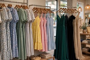 A variety of women's dresses on hangers in a clothing store
