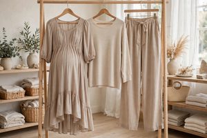 Maternity clothing: comfortable pants and tops on hangers
