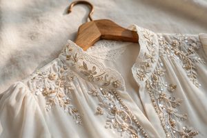 Close-up of beaded embellishment on a women's blouse