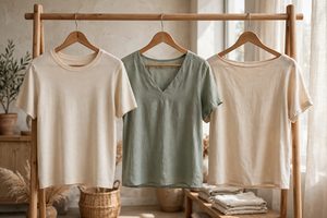 Women's tops with various necklines on a clothing rack