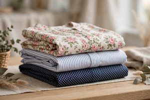 Colorful printed women's blouses folded in a stack