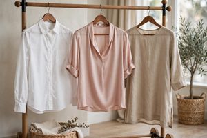 Assortment of women's blouses and shirts on a rack