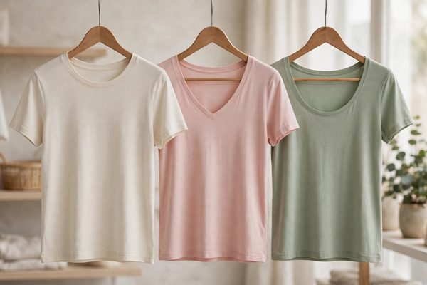 Women's t-shirts with crew, v-neck and scoop necklines on hangers