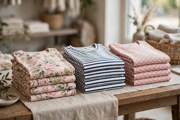 Folded women's t-shirts with floral, striped and polka dot prints