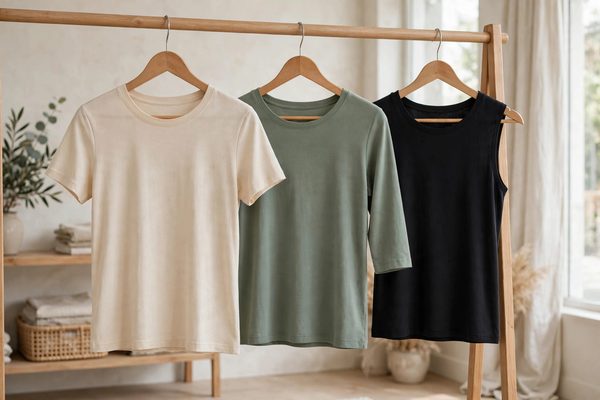 Women's t-shirts showing short, three-quarter and sleeveless sleeve variations