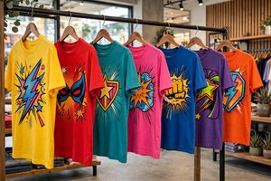Colorful comic book superhero t-shirts on a store rack