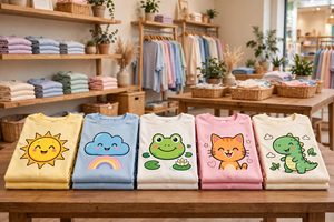 Cheerful cartoon character t-shirts folded on a display table
