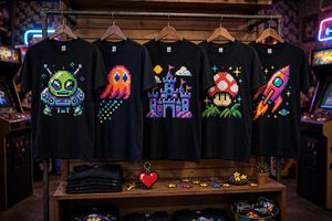 Retro video game themed t-shirts on a display rack