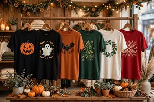 Festive holiday themed t-shirts on a store rack