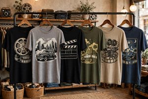 Classic movie themed t-shirts on a store display rack