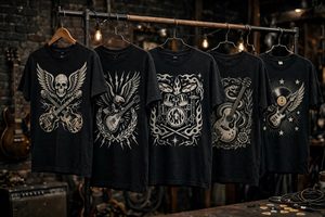 Rock band concert t-shirts on a clothing rack
