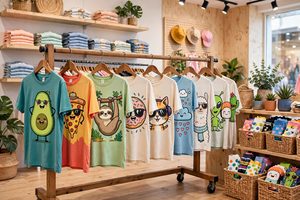 Funny novelty graphic t-shirts on a retail display rack