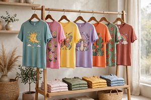 Colorful women's graphic t-shirts with fun prints on a boutique rack