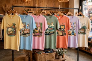Television show themed t-shirts on a store display