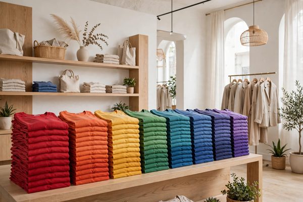 Bright boutique display of folded colorful women's t-shirts