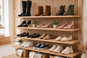 Women's heels, flats, boots and sneakers arranged on boutique shelves
