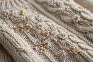 Close-up of an embellished women's sweater with beaded detail