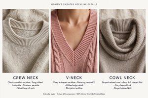 Women's sweater neckline styles including crew, V-neck and cowl details