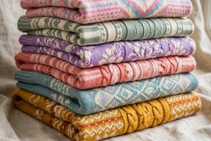 Folded women's patterned sweaters in a colorful stack