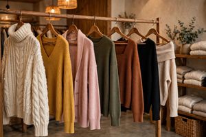Women's sweater styles on hangers in a clothing store