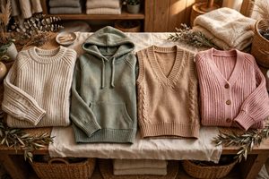 Women's knit sweater types displayed in a boutique