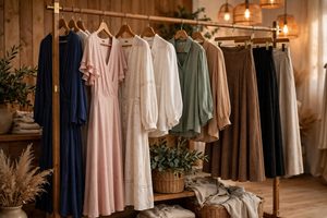 Women's clothing boutique rack with dresses and blouses
