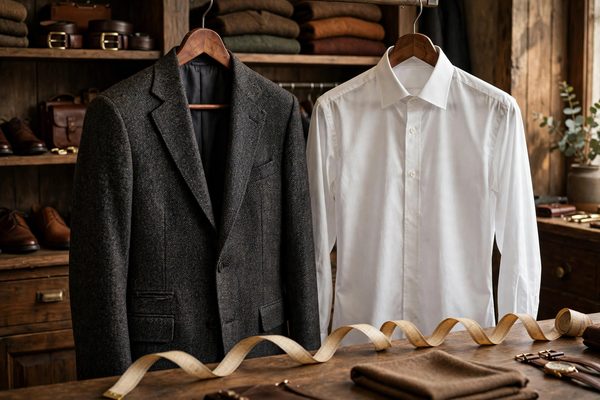 Men's suit jacket and dress shirt with a measuring tape