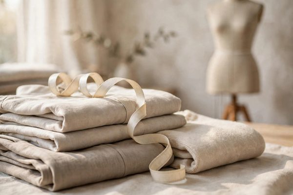 Measuring tape draped over folded garments beside a dress form