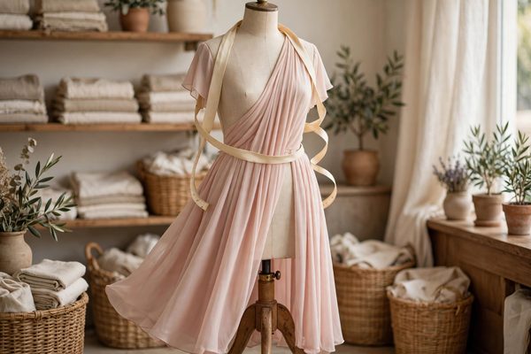 Dress form wearing a women's dress with a measuring tape