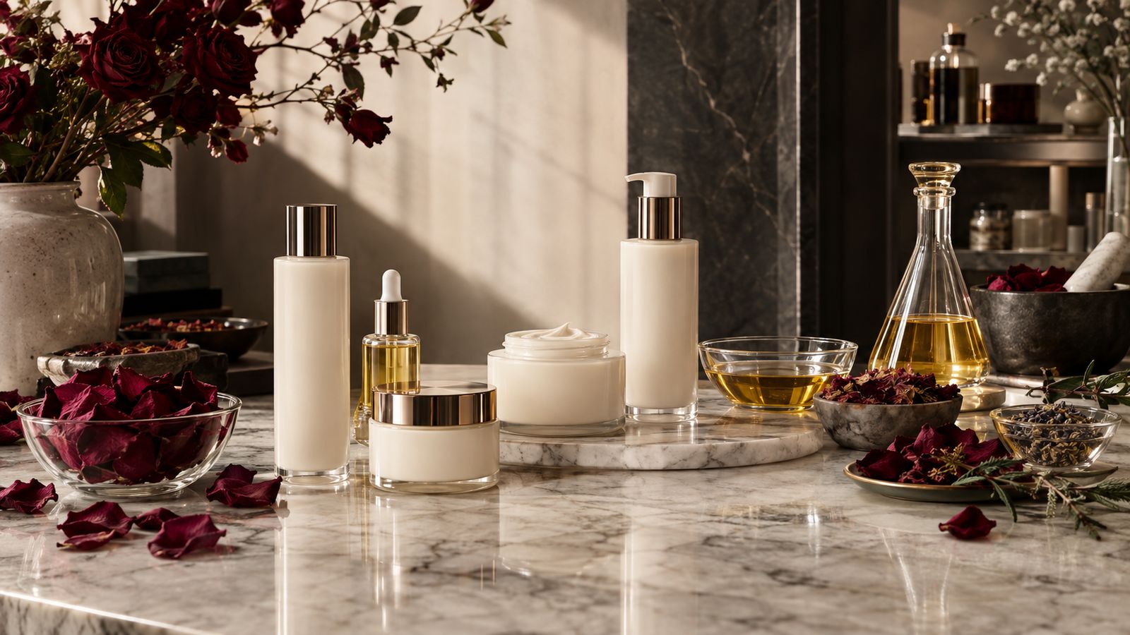 Unbranded skincare bottles and botanical ingredients on a marble counter in a formulation studio