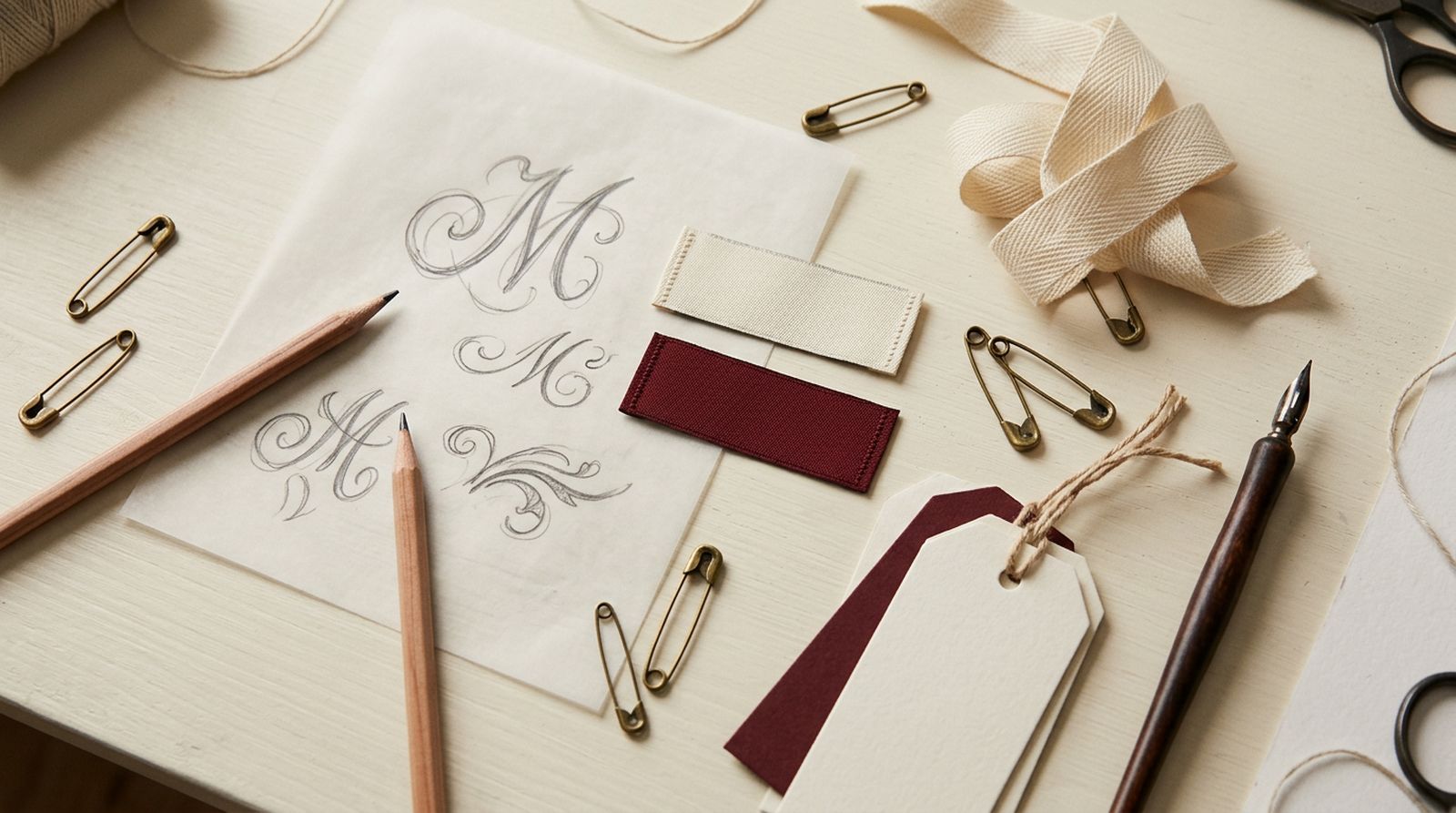 Blank woven brand labels, hangtags, and a monogram sketch arranged on a designer's desk
