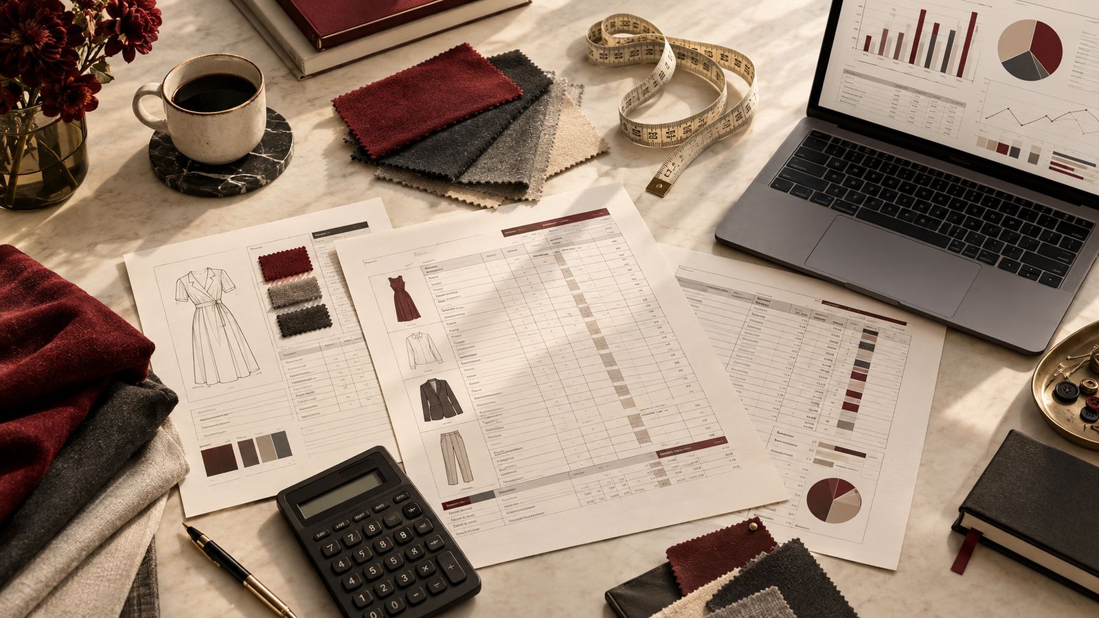 Fashion business desk with costing spreadsheets, fabric swatches, and a laptop